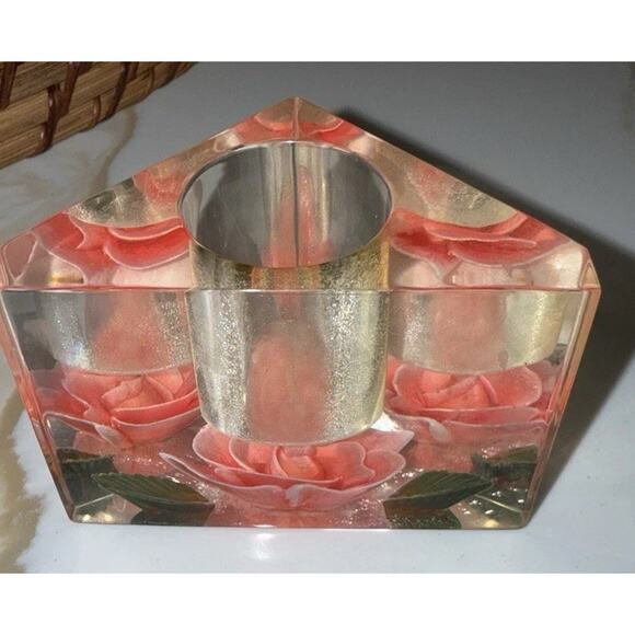 Vintage 1970’s Bircraft Pink Rose Green Leaves Triangular Lucite Candle Holder - Picture 2 of 5